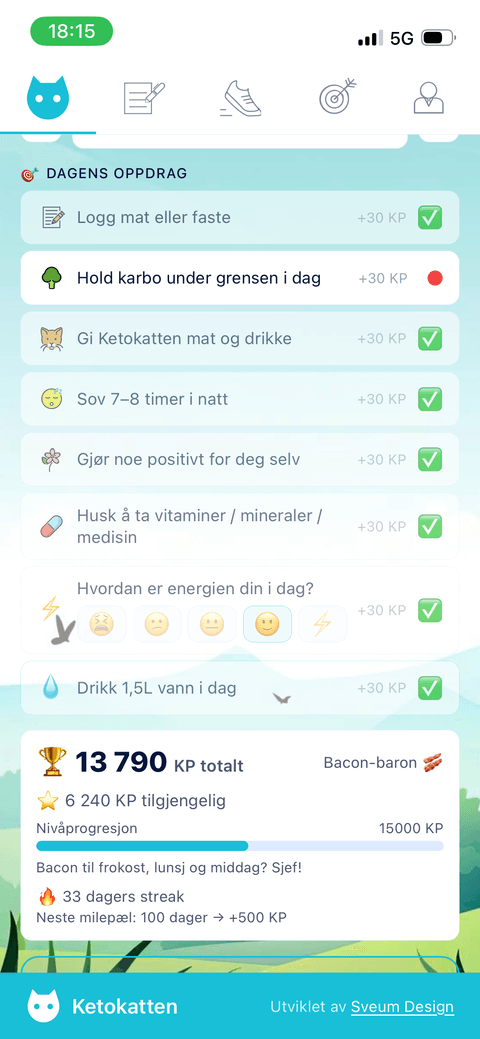 Dagens oppdrag med energiregistrering og Keto Poeng